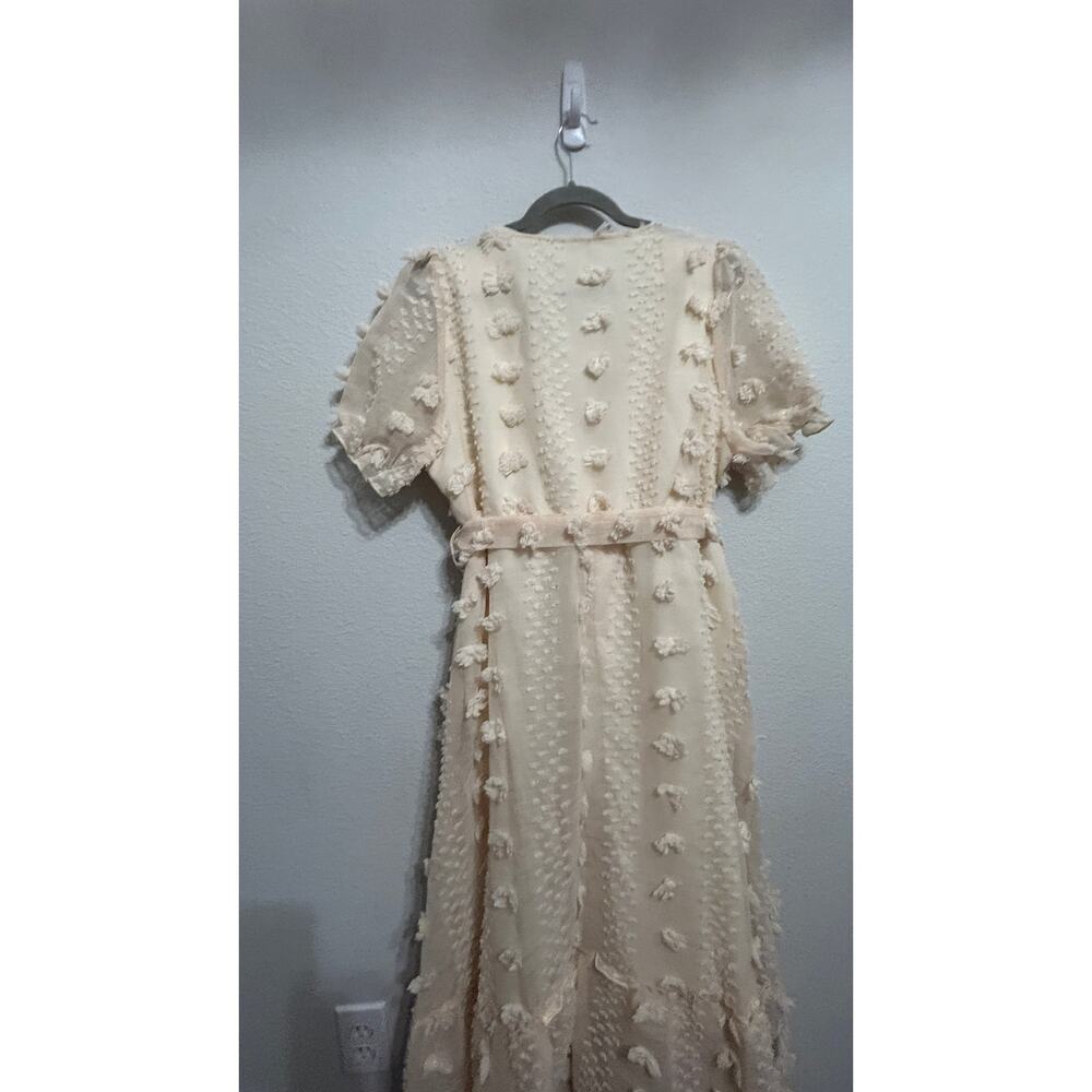 SHEIN Cottagecore Curve V-Neck Jacquard Puff Sleeve Tie Front Cream 3D Dress 1X - Picture 9 of 9